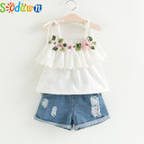 Sodawn Fashion Girls Clothing Set 2019 Summer Baby Girls Clothes White Jacket Flower Decoration+Denim Shorts Children Clothing