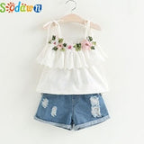 Sodawn Fashion Girls Clothing Set 2019 Summer Baby Girls Clothes White Jacket Flower Decoration+Denim Shorts Children Clothing