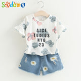 Sodawn Fashion Girls Clothing Set 2019 Summer Baby Girls Clothes White Jacket Flower Decoration+Denim Shorts Children Clothing