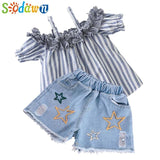 Sodawn Fashion Girls Clothing Set 2019 Summer Baby Girls Clothes White Jacket Flower Decoration+Denim Shorts Children Clothing