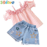 Sodawn Fashion Girls Clothing Set 2019 Summer Baby Girls Clothes White Jacket Flower Decoration+Denim Shorts Children Clothing