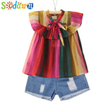 Sodawn Fashion Girls Clothing Set 2019 Summer Baby Girls Clothes White Jacket Flower Decoration+Denim Shorts Children Clothing