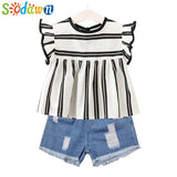 Sodawn Fashion Girls Clothing Set 2019 Summer Baby Girls Clothes White Jacket Flower Decoration+Denim Shorts Children Clothing